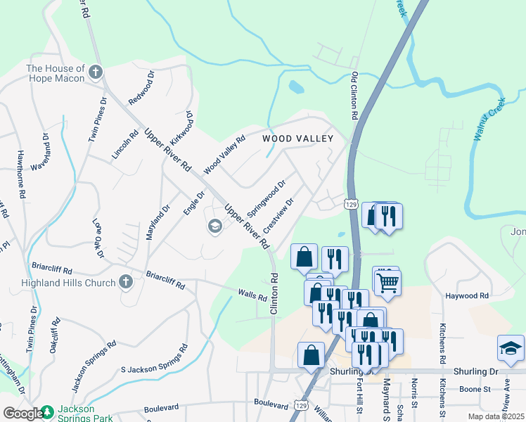 map of restaurants, bars, coffee shops, grocery stores, and more near 1826 Springwood Drive in Macon