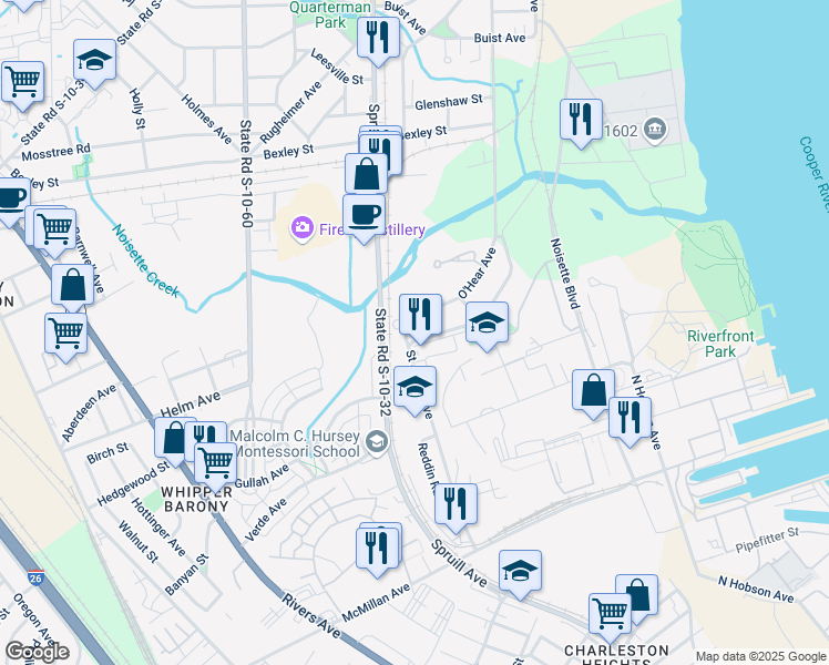 map of restaurants, bars, coffee shops, grocery stores, and more near 4020 O'Hear Avenue in North Charleston