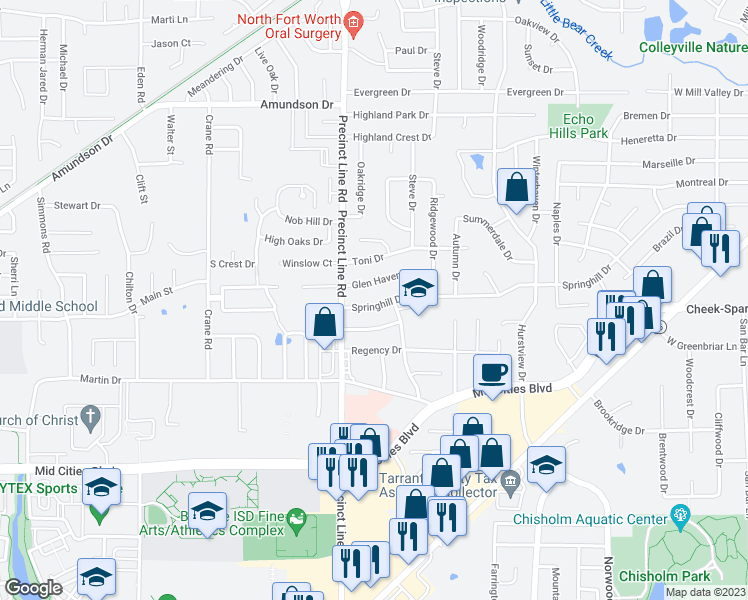 map of restaurants, bars, coffee shops, grocery stores, and more near 736 Springhill Drive in Hurst