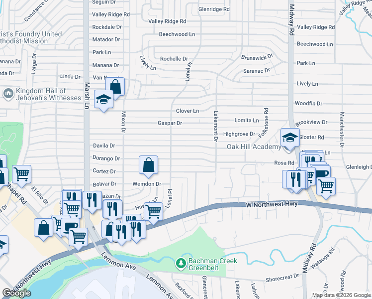 map of restaurants, bars, coffee shops, grocery stores, and more near 3932 Davila Dr in Dallas