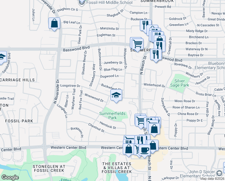 map of restaurants, bars, coffee shops, grocery stores, and more near 4113 Buckwheat Street in Fort Worth