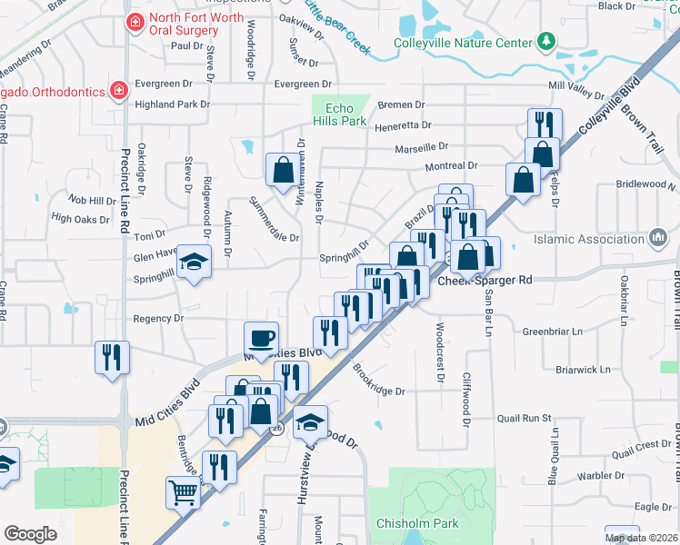 map of restaurants, bars, coffee shops, grocery stores, and more near 512 Quail Cove Court in Hurst