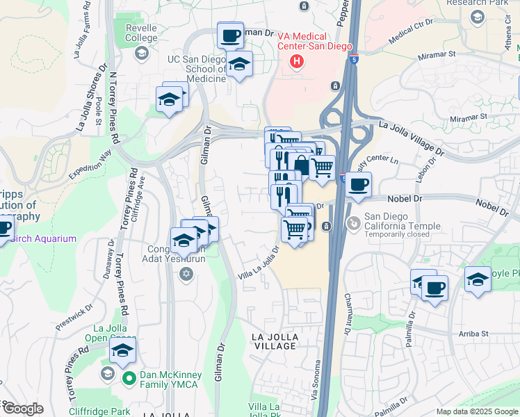 map of restaurants, bars, coffee shops, grocery stores, and more near 8742 Villa La Jolla Drive in San Diego