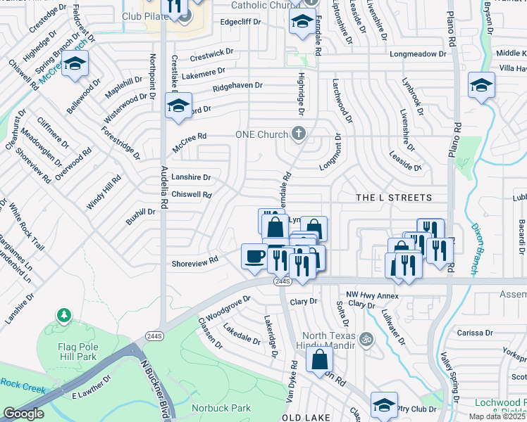 map of restaurants, bars, coffee shops, grocery stores, and more near 8783 Ferndale Road in Dallas