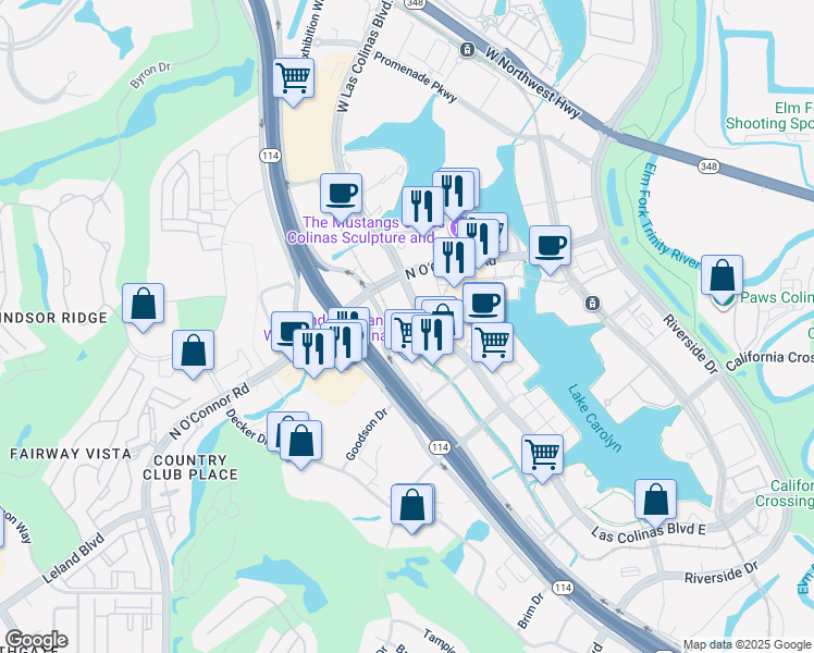 map of restaurants, bars, coffee shops, grocery stores, and more near 125 East John W Carpenter Freeway in Irving