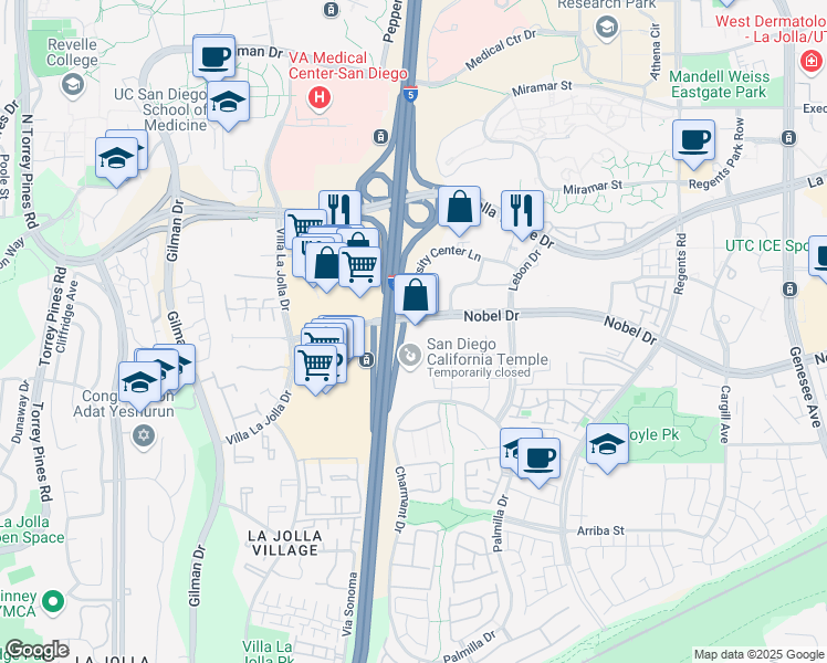 map of restaurants, bars, coffee shops, grocery stores, and more near 3655 Nobel Drive in San Diego