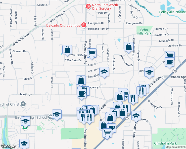 map of restaurants, bars, coffee shops, grocery stores, and more near 740 Springhill Drive in Hurst