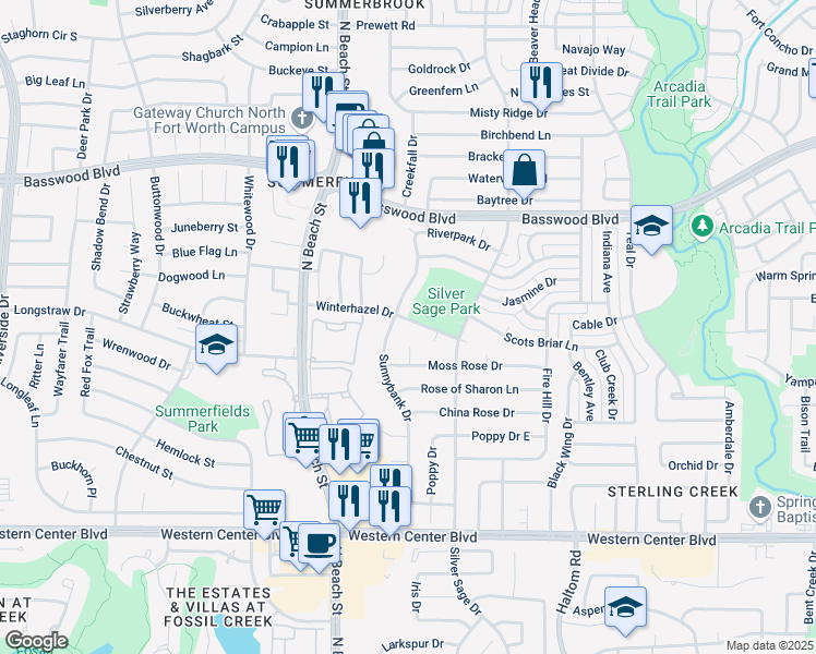 map of restaurants, bars, coffee shops, grocery stores, and more near 4608 Winterhazel Drive in Fort Worth