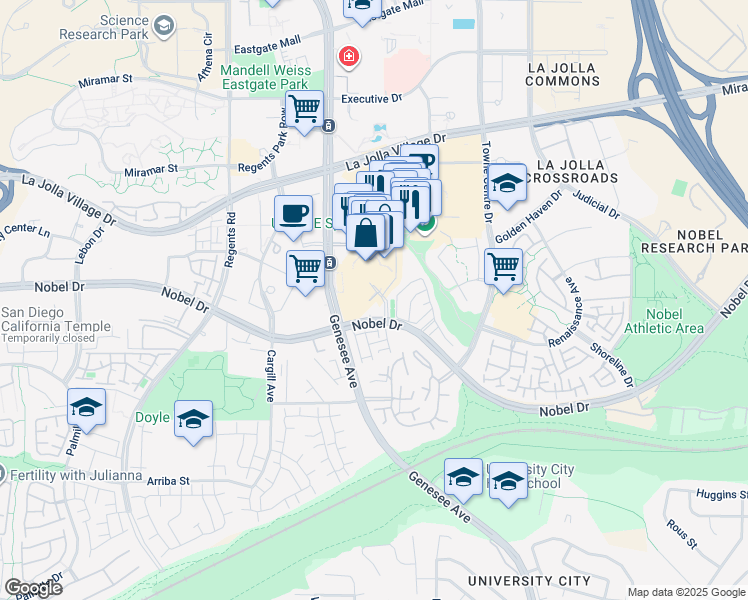 map of restaurants, bars, coffee shops, grocery stores, and more near 8800 Lombard Place in San Diego