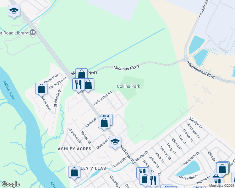 map of restaurants, bars, coffee shops, grocery stores, and more near 5775 Dewsbury Lane in North Charleston