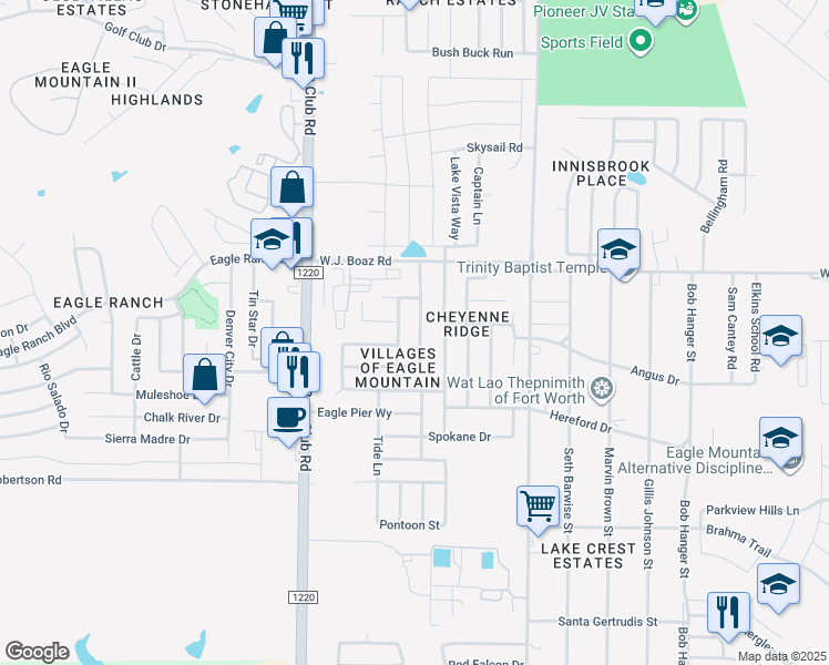 map of restaurants, bars, coffee shops, grocery stores, and more near 7201 Wavecrest Way in Fort Worth