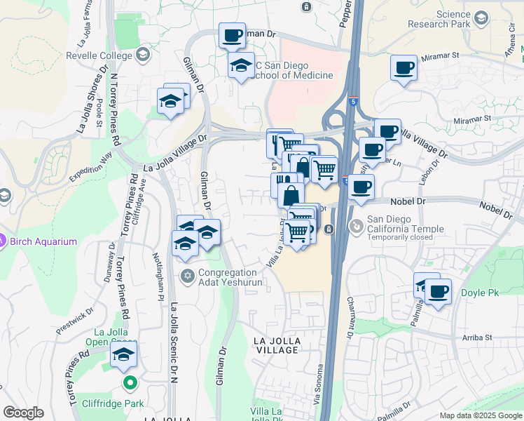 map of restaurants, bars, coffee shops, grocery stores, and more near 3183 Morning Way in San Diego