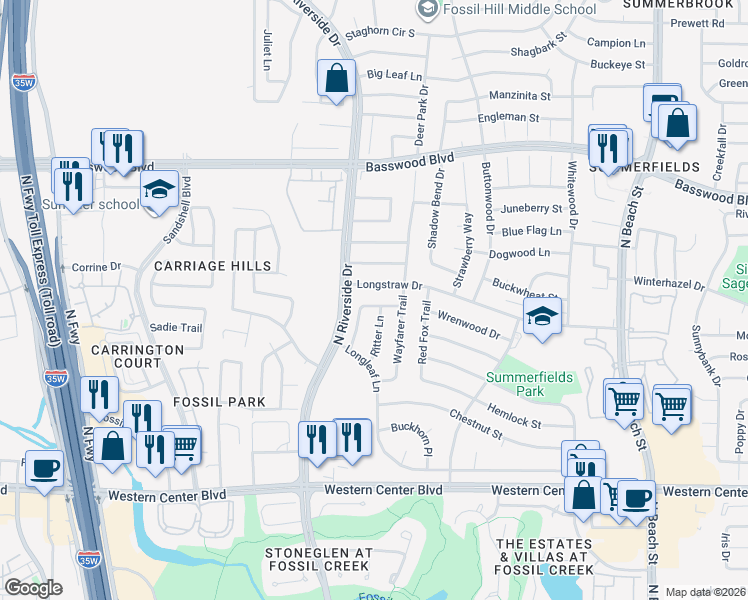map of restaurants, bars, coffee shops, grocery stores, and more near 6913 Egan Way in Fort Worth