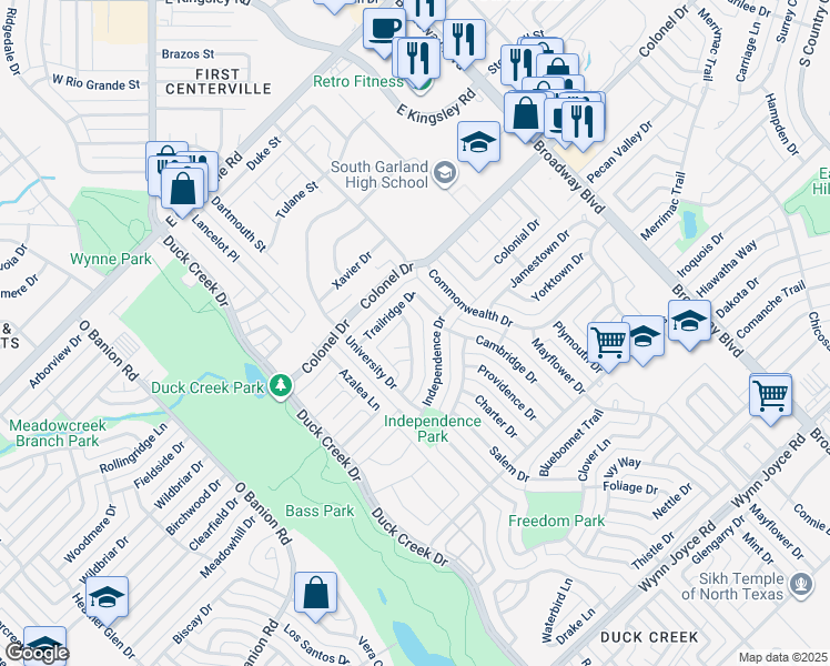 map of restaurants, bars, coffee shops, grocery stores, and more near 306 Springbranch Drive in Garland