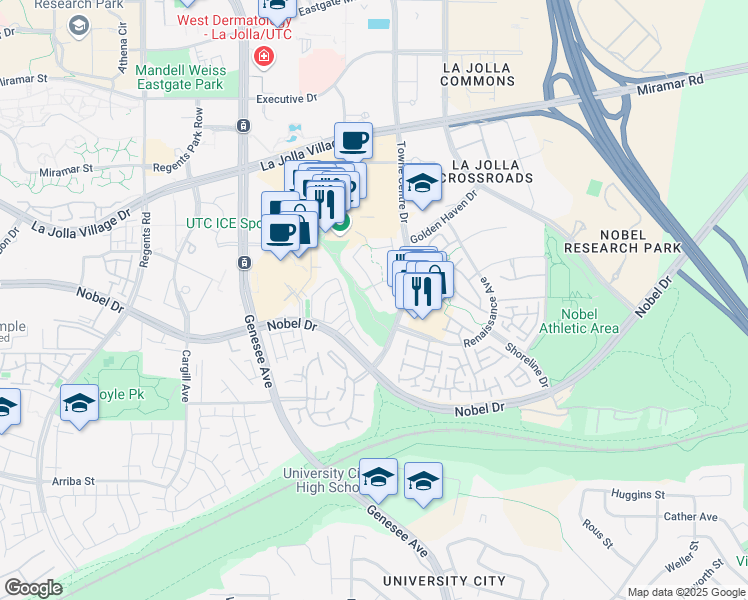 map of restaurants, bars, coffee shops, grocery stores, and more near 8932 Montrose Way in San Diego