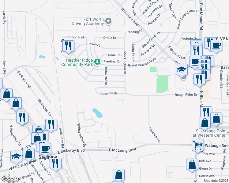 map of restaurants, bars, coffee shops, grocery stores, and more near 720 Sparrow Drive in Saginaw