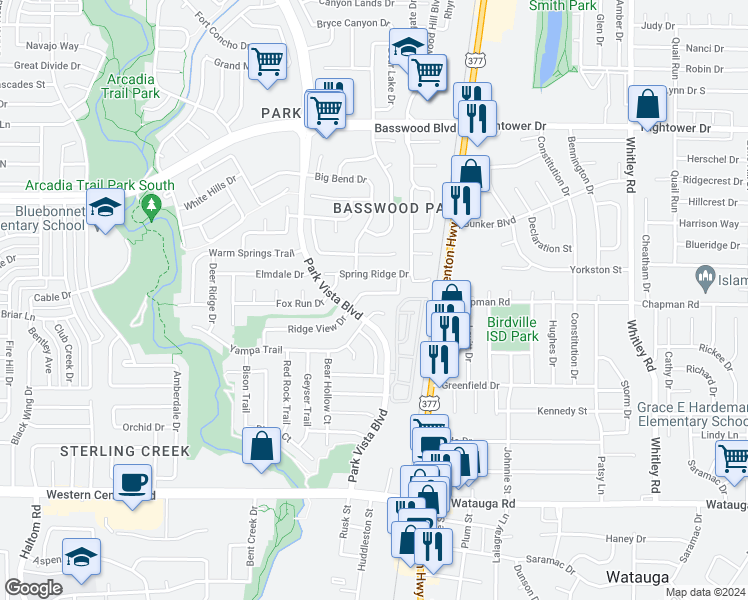 map of restaurants, bars, coffee shops, grocery stores, and more near 5520 Ridge View Drive in Watauga
