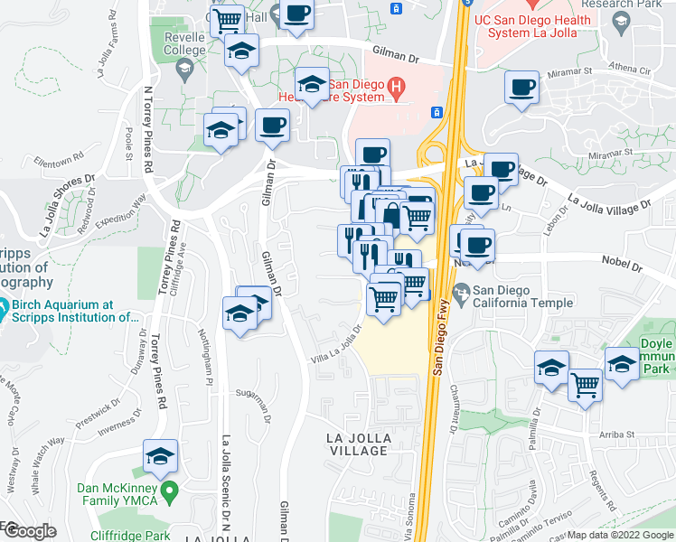 map of restaurants, bars, coffee shops, grocery stores, and more near 8742 Villa La Jolla Drive in San Diego