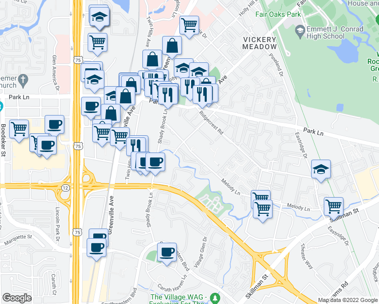 map of restaurants, bars, coffee shops, grocery stores, and more near 6050 Melody Lane in Dallas