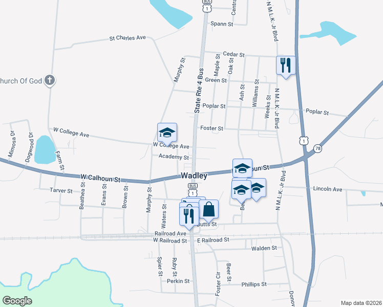 map of restaurants, bars, coffee shops, grocery stores, and more near 257 North Main Street in Wadley