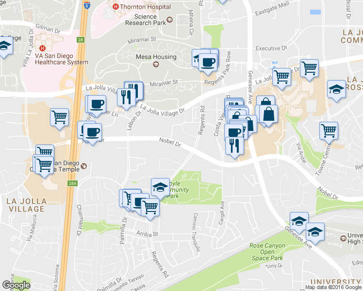 map of restaurants, bars, coffee shops, grocery stores, and more near 3975 Nobel Drive in San Diego