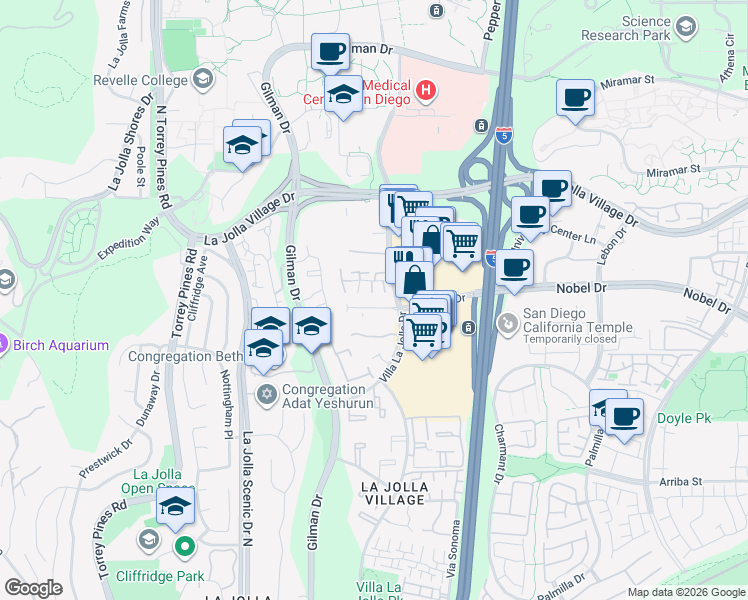 map of restaurants, bars, coffee shops, grocery stores, and more near 3183 Morning Way in San Diego