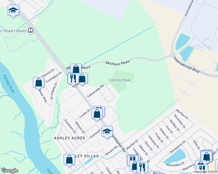 map of restaurants, bars, coffee shops, grocery stores, and more near 5775 Dewsbury Lane in North Charleston
