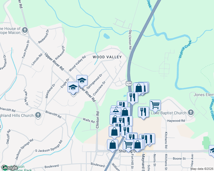 map of restaurants, bars, coffee shops, grocery stores, and more near 1886 Clinton Road in Macon