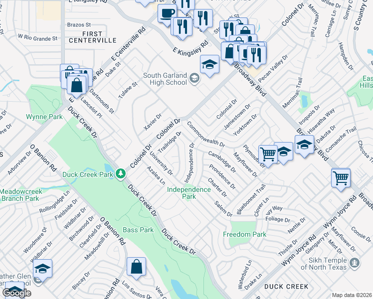 map of restaurants, bars, coffee shops, grocery stores, and more near 305 Springbranch Drive in Garland