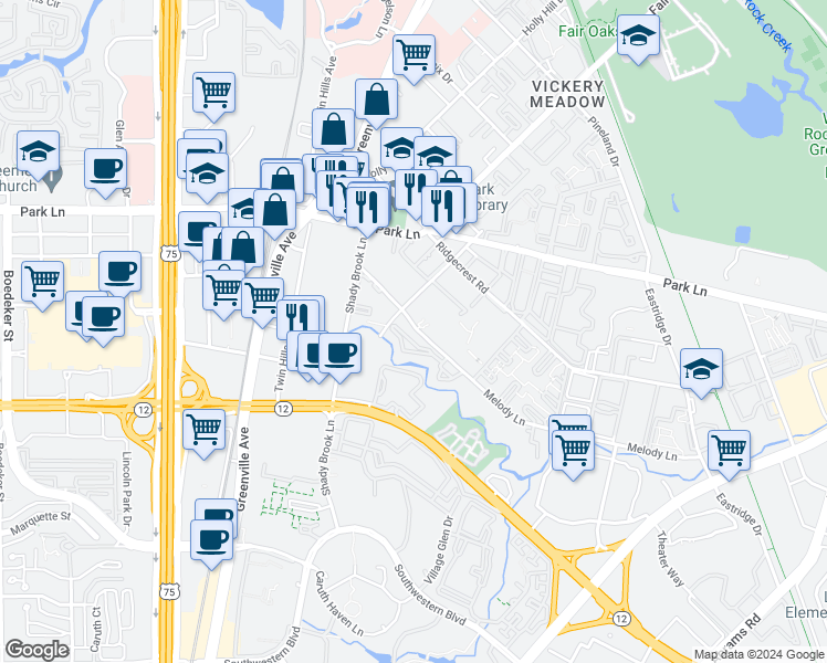 map of restaurants, bars, coffee shops, grocery stores, and more near 6050 Melody Lane in Dallas