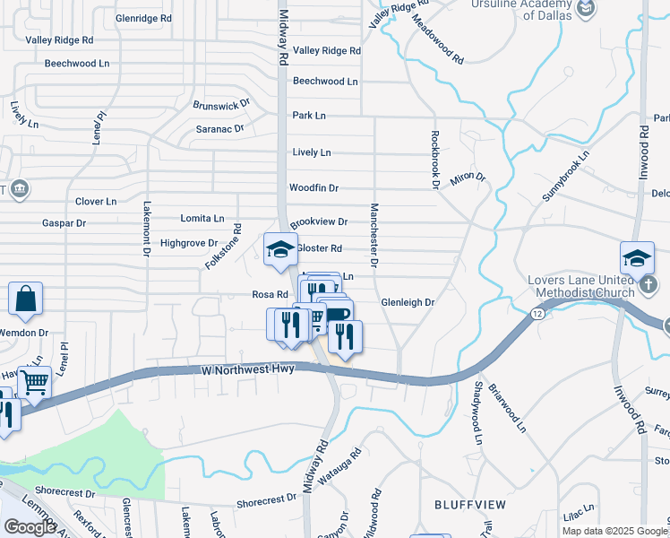map of restaurants, bars, coffee shops, grocery stores, and more near 4317 Manning Lane in Dallas