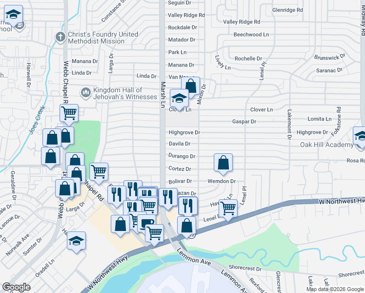 map of restaurants, bars, coffee shops, grocery stores, and more near 3718 Davila Drive in Dallas