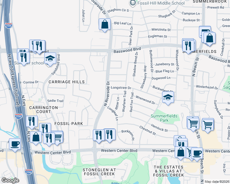 map of restaurants, bars, coffee shops, grocery stores, and more near 6913 Egan Way in Fort Worth