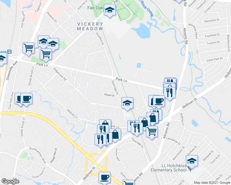 map of restaurants, bars, coffee shops, grocery stores, and more near 6745 Eastridge Drive in Dallas