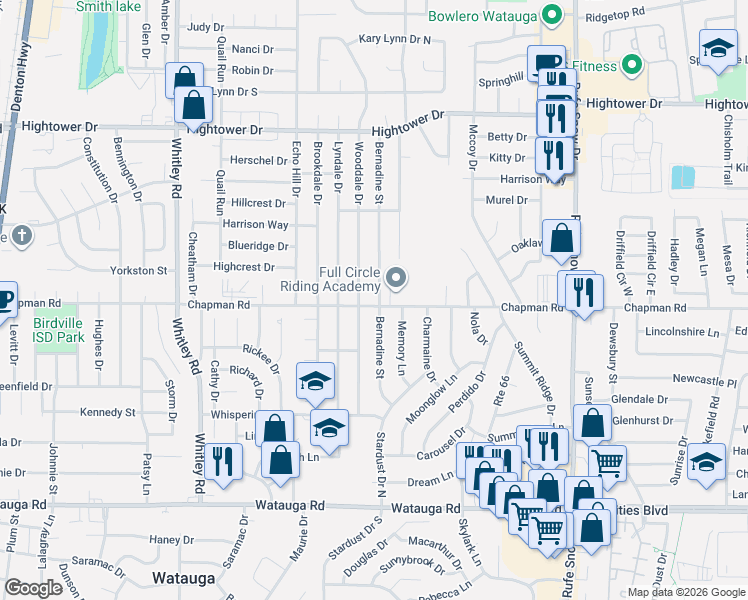 map of restaurants, bars, coffee shops, grocery stores, and more near 6701 Bernadine Street in Fort Worth