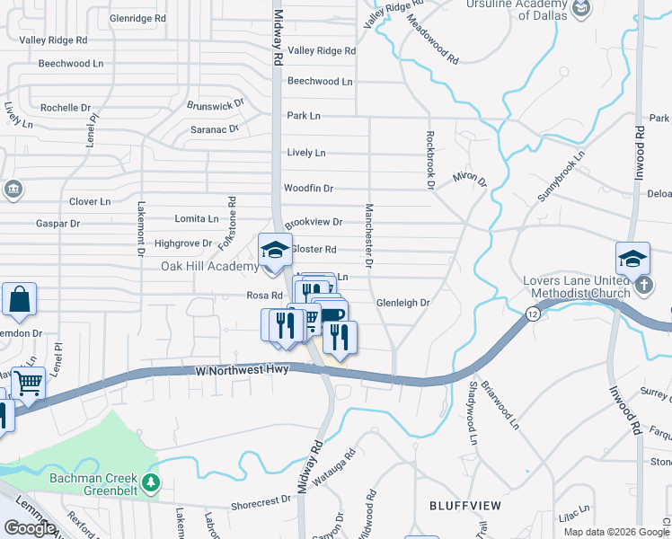 map of restaurants, bars, coffee shops, grocery stores, and more near 4317 Manning Lane in Dallas