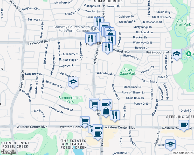 map of restaurants, bars, coffee shops, grocery stores, and more near 7024 West Parkhaven Drive in Fort Worth