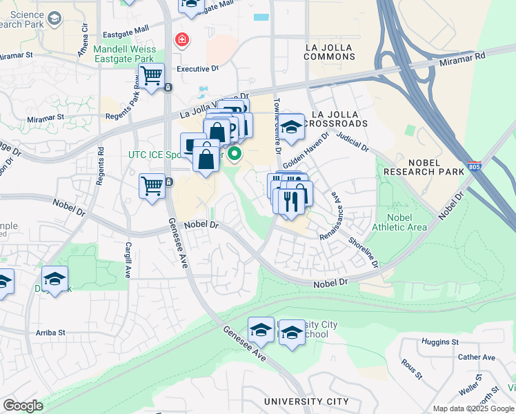 map of restaurants, bars, coffee shops, grocery stores, and more near 8932 Montrose Way in San Diego