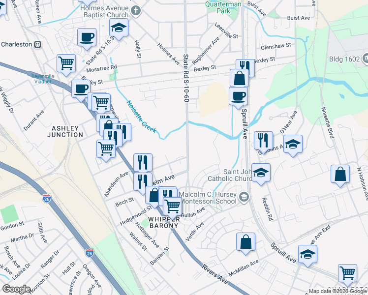map of restaurants, bars, coffee shops, grocery stores, and more near 4049 South Rhett Avenue in North Charleston
