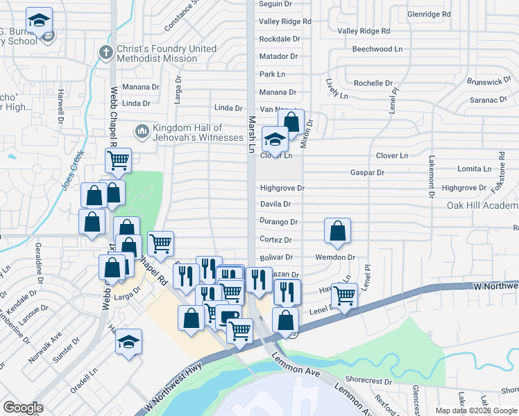 map of restaurants, bars, coffee shops, grocery stores, and more near 3718 Davila Drive in Dallas