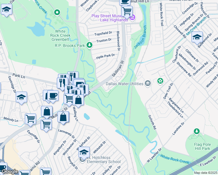 map of restaurants, bars, coffee shops, grocery stores, and more near 6802 Skillman Street in Dallas