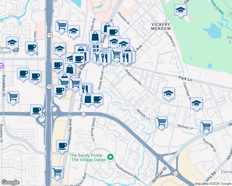 map of restaurants, bars, coffee shops, grocery stores, and more near 6050 Melody Lane in Dallas