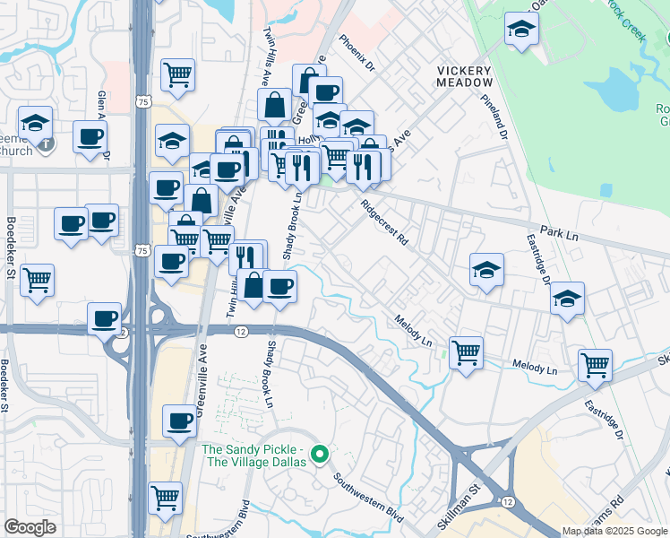 map of restaurants, bars, coffee shops, grocery stores, and more near 6050 Melody Lane in Dallas