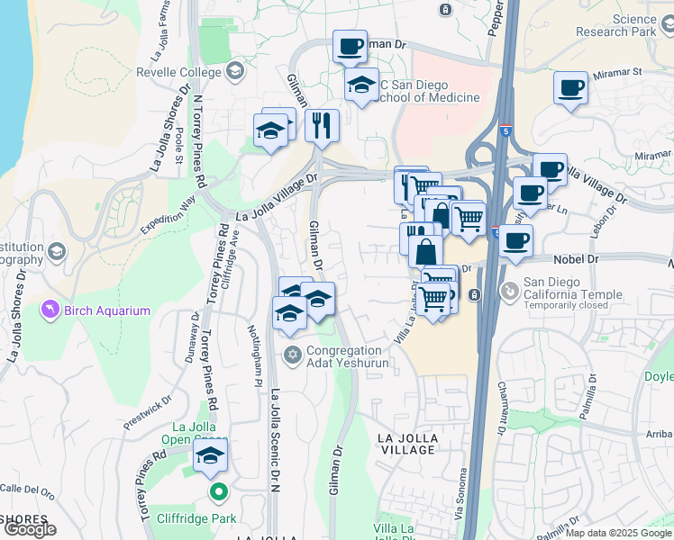 map of restaurants, bars, coffee shops, grocery stores, and more near 8795 Gilman Drive in San Diego