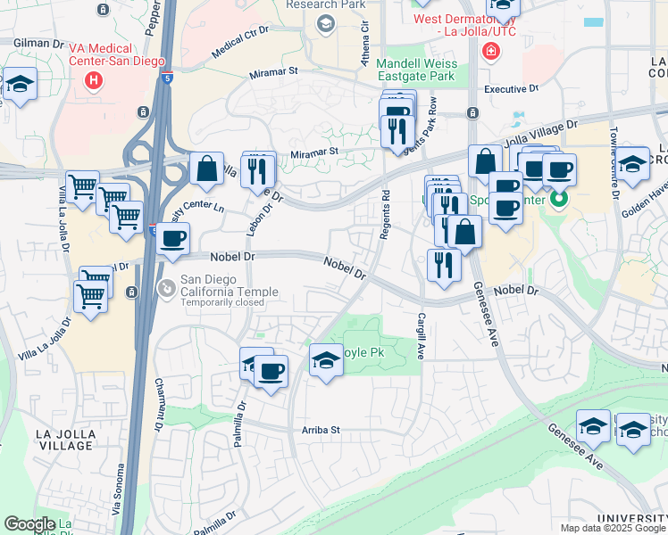 map of restaurants, bars, coffee shops, grocery stores, and more near 194 Nobel Drive in San Diego