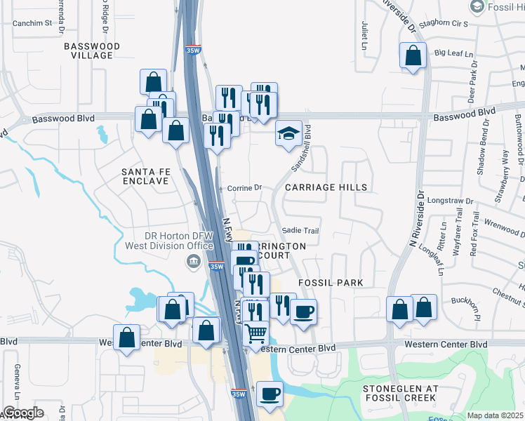 map of restaurants, bars, coffee shops, grocery stores, and more near 7050 Terra Chase Cove in Fort Worth