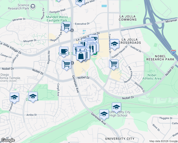 map of restaurants, bars, coffee shops, grocery stores, and more near 4437 Via Precipicio in San Diego