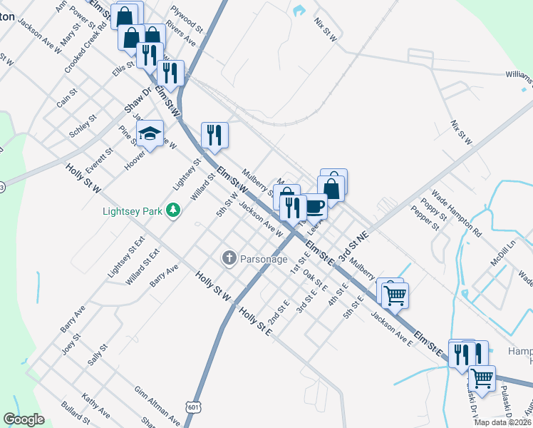 map of restaurants, bars, coffee shops, grocery stores, and more near 301 Elm Street West in Hampton