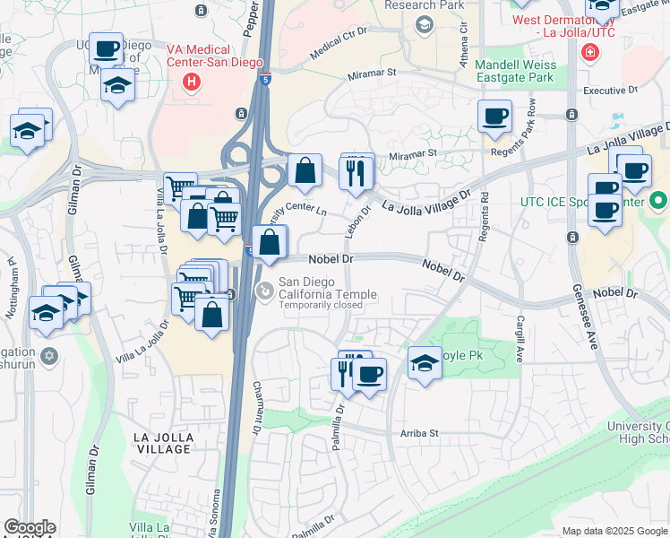 map of restaurants, bars, coffee shops, grocery stores, and more near 3440 Lebon Drive in San Diego