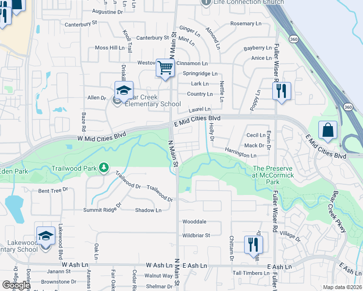 map of restaurants, bars, coffee shops, grocery stores, and more near 49 Abbey Road in Euless
